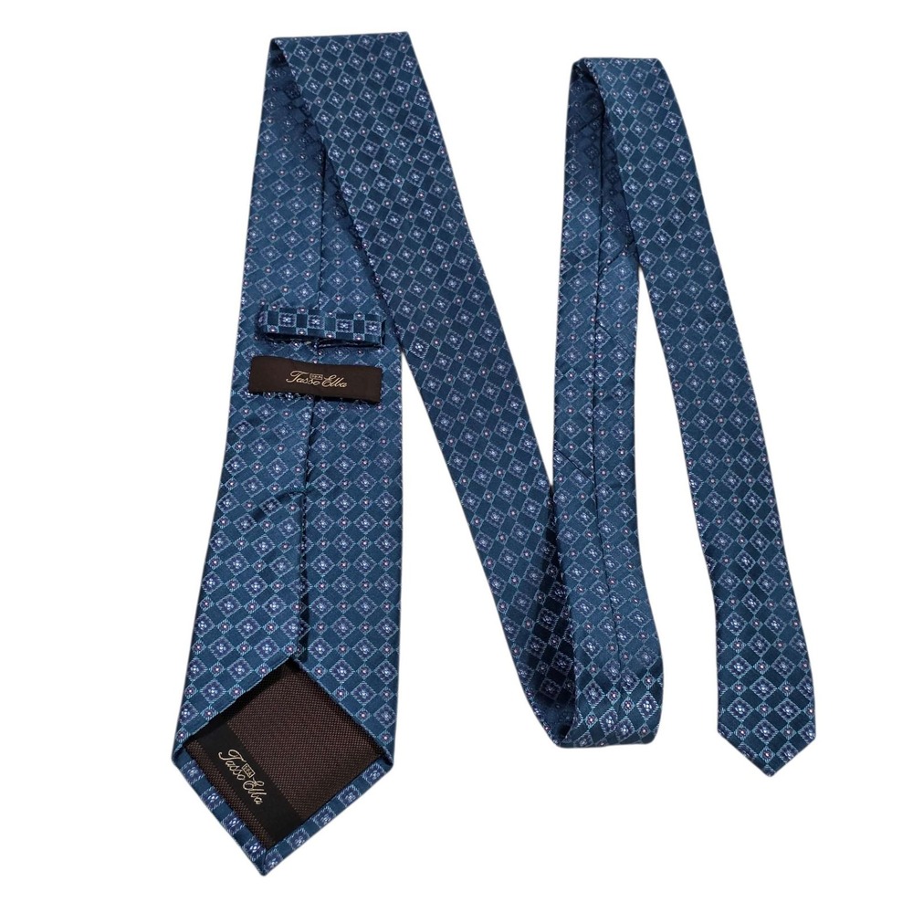 Tasso Elba Spa Mens Silk Tie‎ Blue Geometric Pattern Hand Made In China Necktie